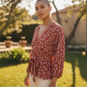 Boho Floral Wrap Top - Red - NWOT- Sz XL